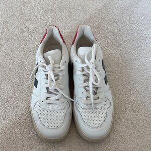 Veja White Leather Sneakers with Black Side V and Red Heel Tab